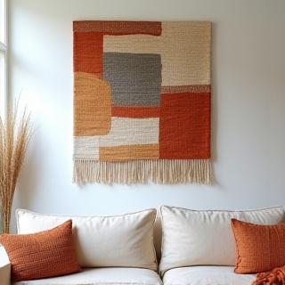 Handwoven abstract textile wall art in earthy tones hanging in a living room